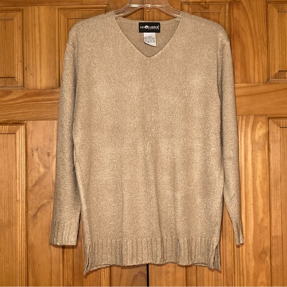 NWOT Sag Harbor Petite Vintage 90s Lightweight V-Neck Sweater Tan Size MP